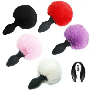 Plug anal com pompom de coelho com vibro e controle remoto
