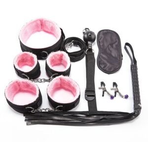 Kit Bondage Rosa com Coleira, Algemas, Venda, Mordaça, Chicote e Guia